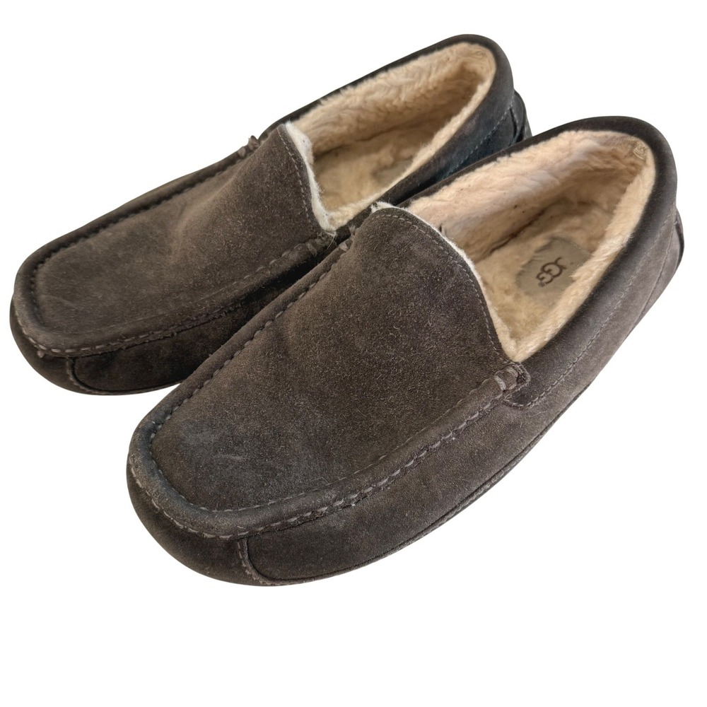 UGG‎ Mens Ascot Suede Moccasin Slippers Brown Shearling Lined Size 9